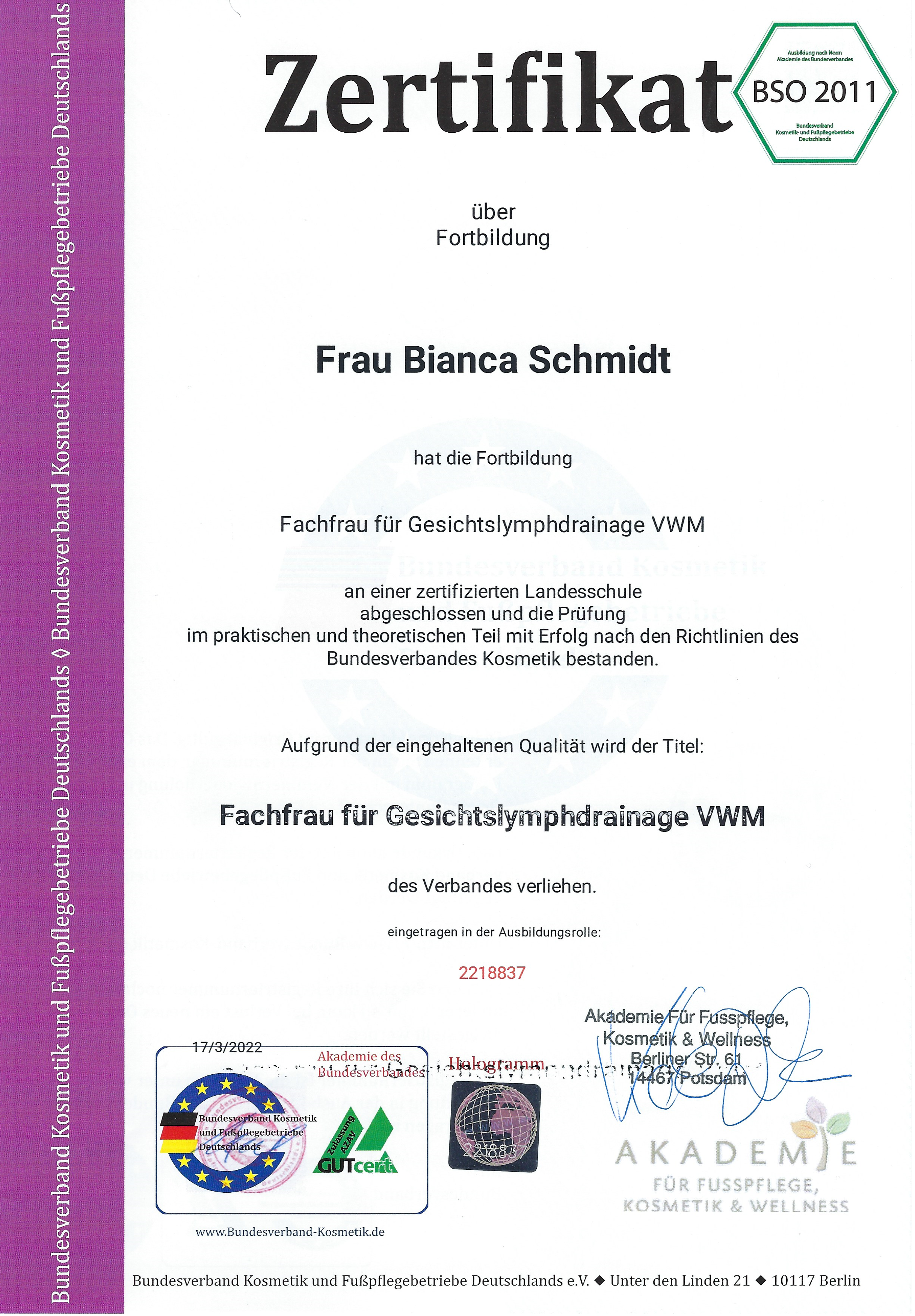 Zertifikat Gesichtslymphdrainage