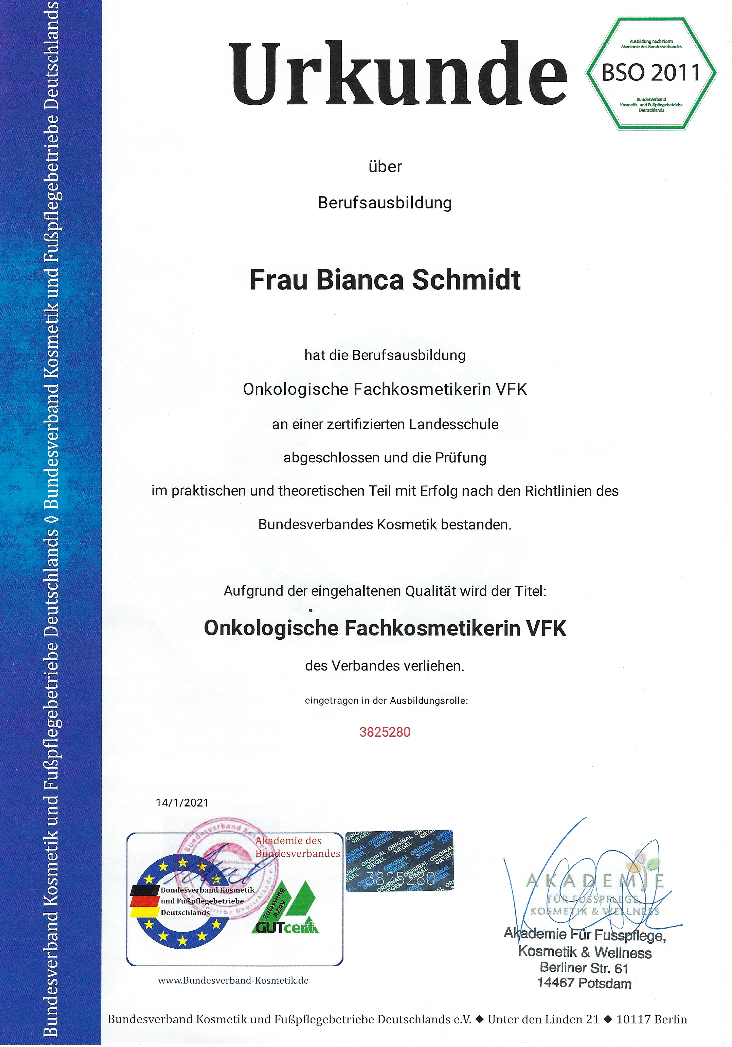 Zertifikat onkologische Fachkosmetikerin